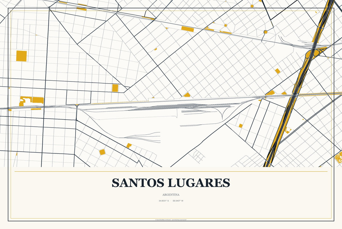 Santos Lugares, Argentina City Map Aluminum Sign in Citrine Modern style