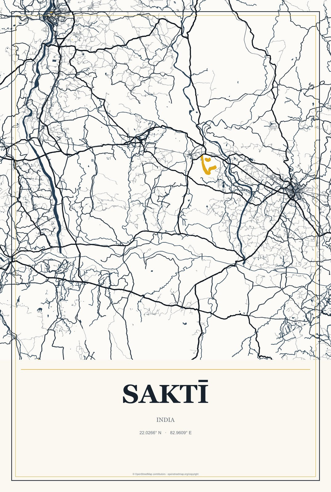 Saktī, India City Map Aluminum Sign in Citrine Modern style