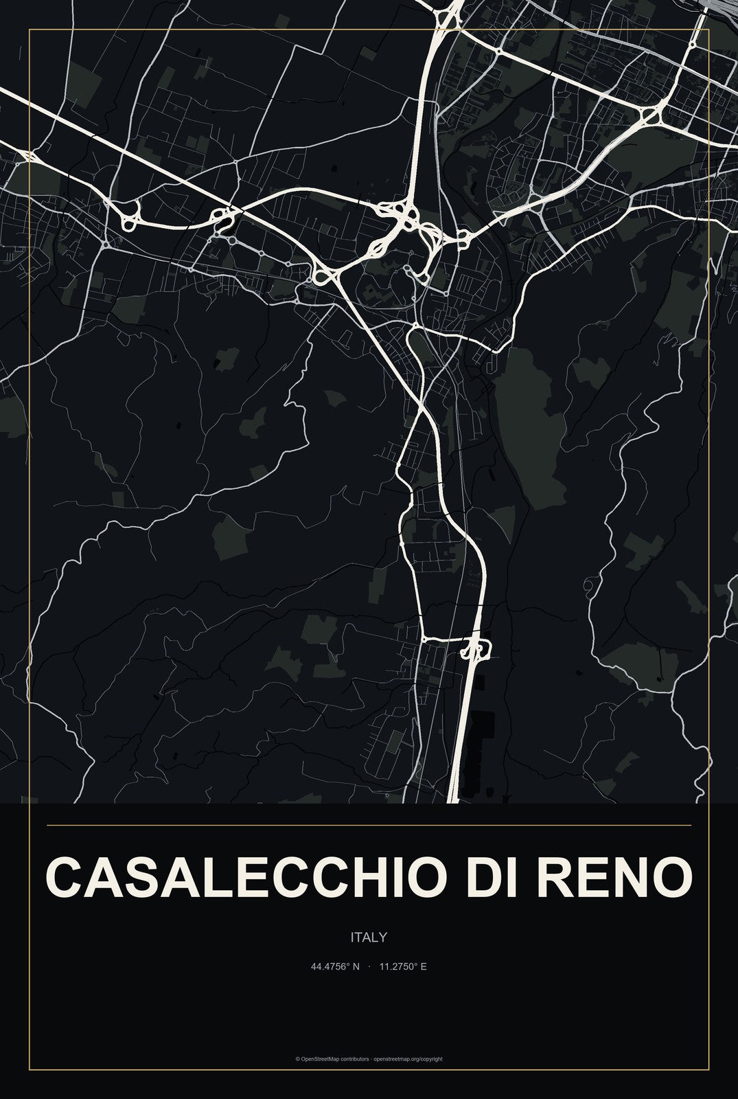 Casalecchio di Reno, Italy City Map Aluminum Sign in Metropolitan Noir style
