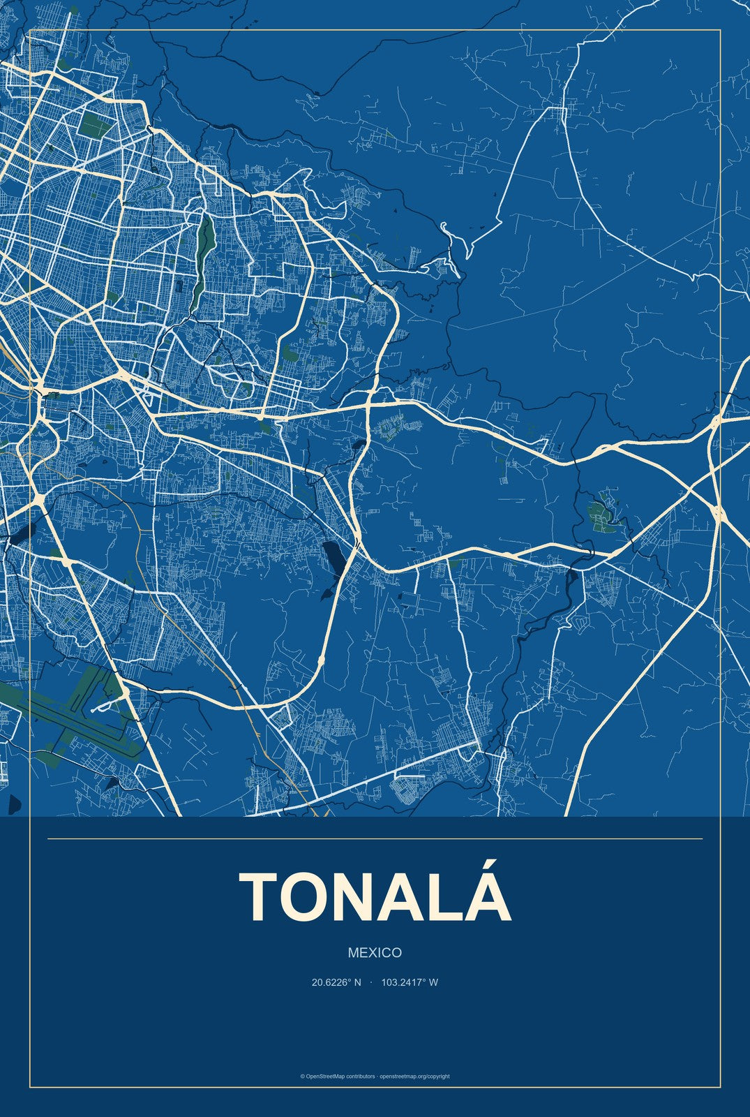 Tonalá, Chiapas, Mexico City Map Aluminum Sign in Harbor Cobalt style