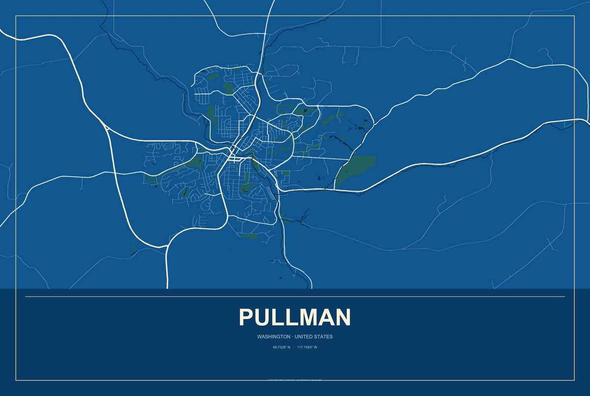 Pullman, Washington City Map Aluminum Sign in Harbor Cobalt style