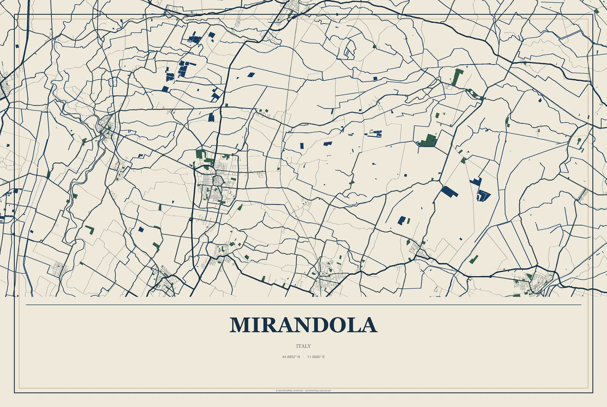 Mirandola, Italy City Map Aluminum Sign in Coastal Cutout style