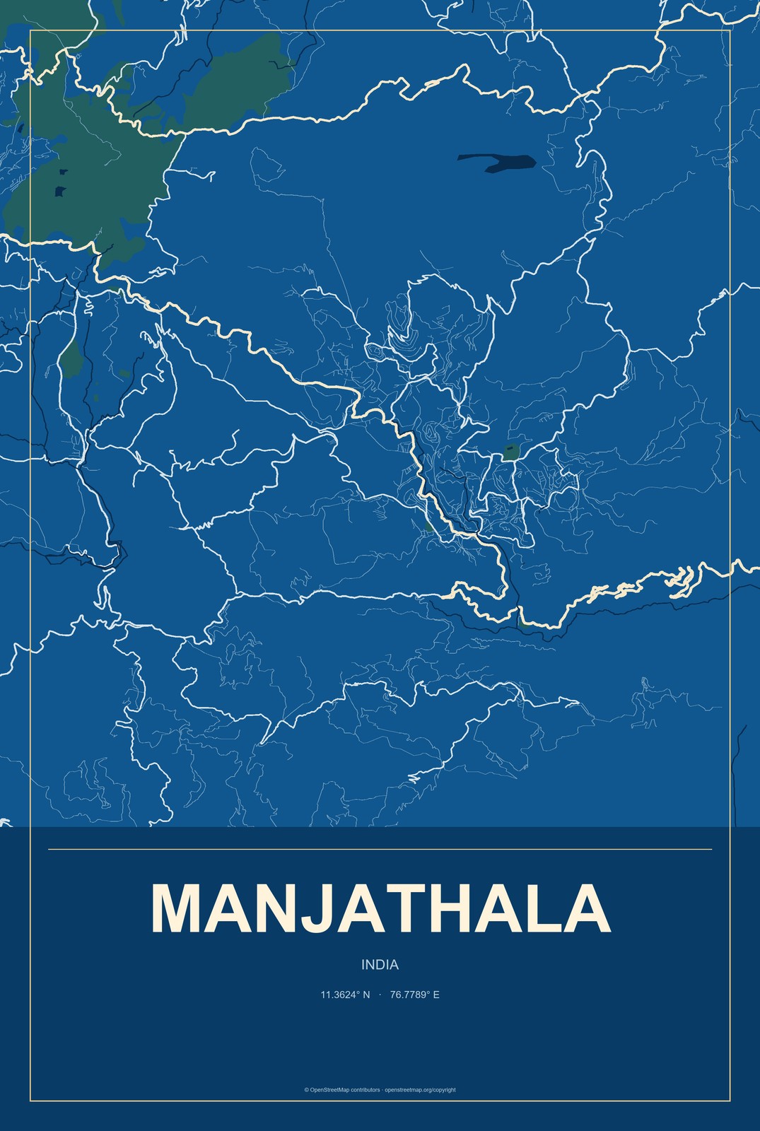 Manjathala, India City Map Aluminum Sign in Harbor Cobalt style