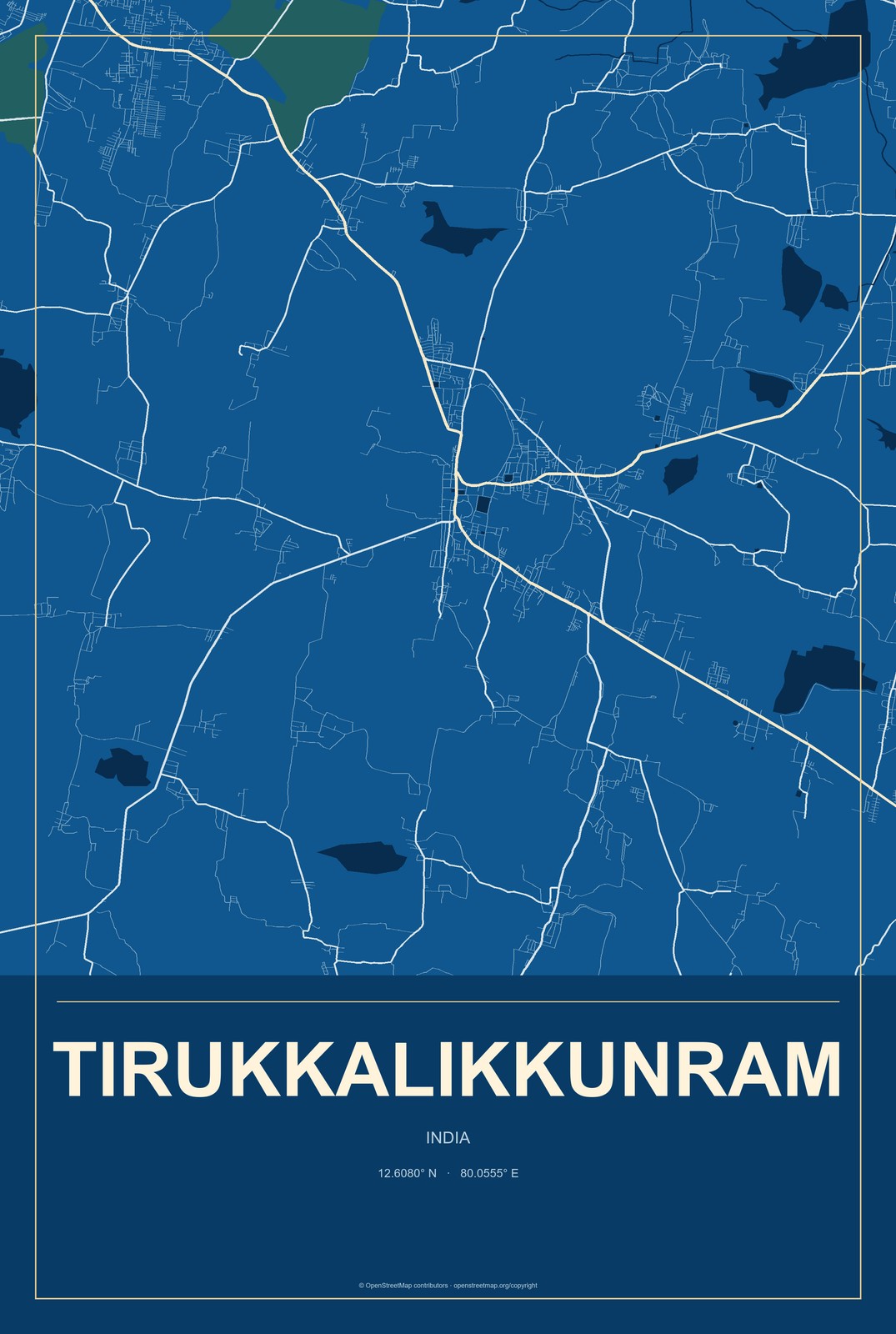 Tirukkalikkunram, India City Map Aluminum Sign in Harbor Cobalt style