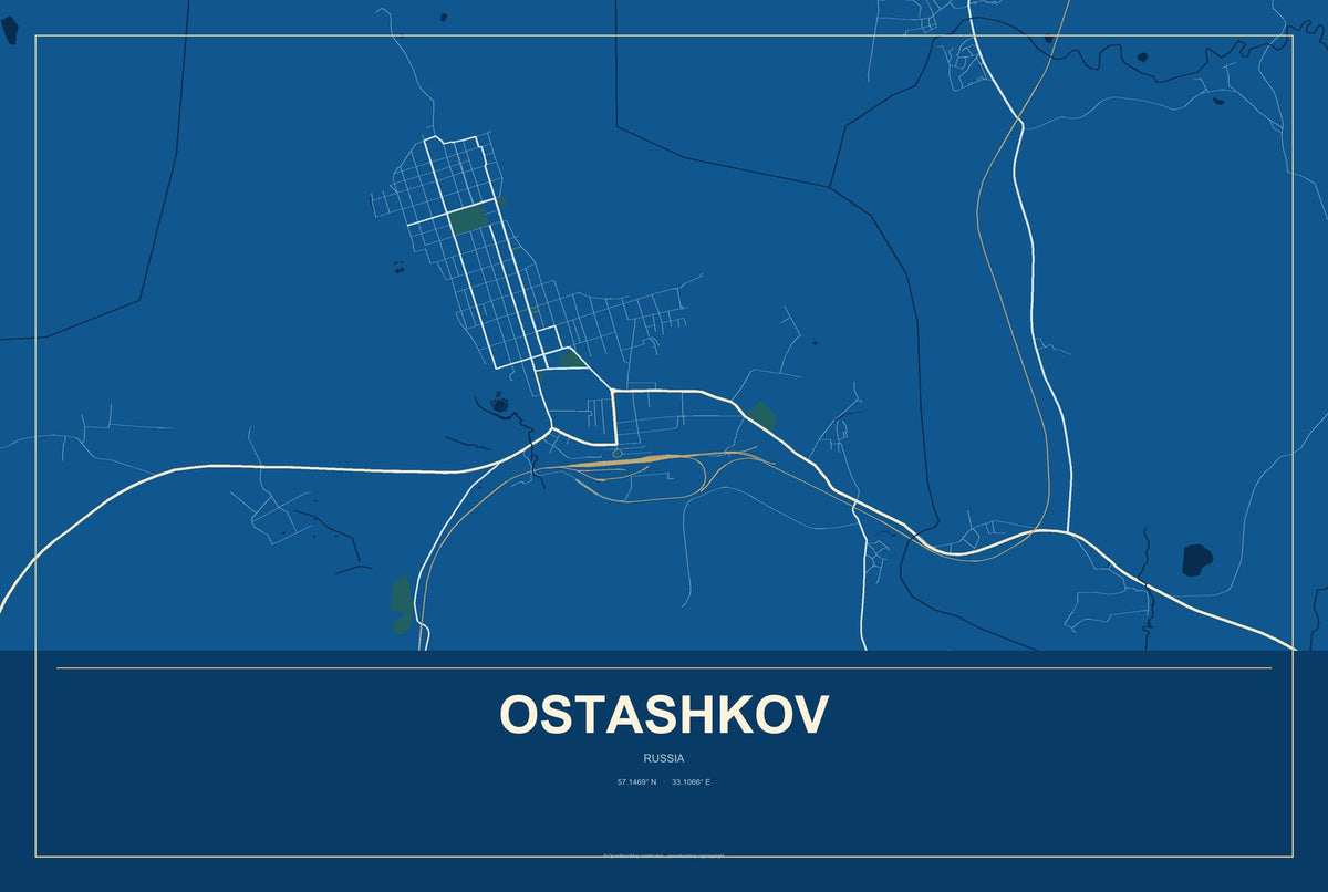 Ostashkov, Russia City Map Aluminum Sign in Harbor Cobalt style