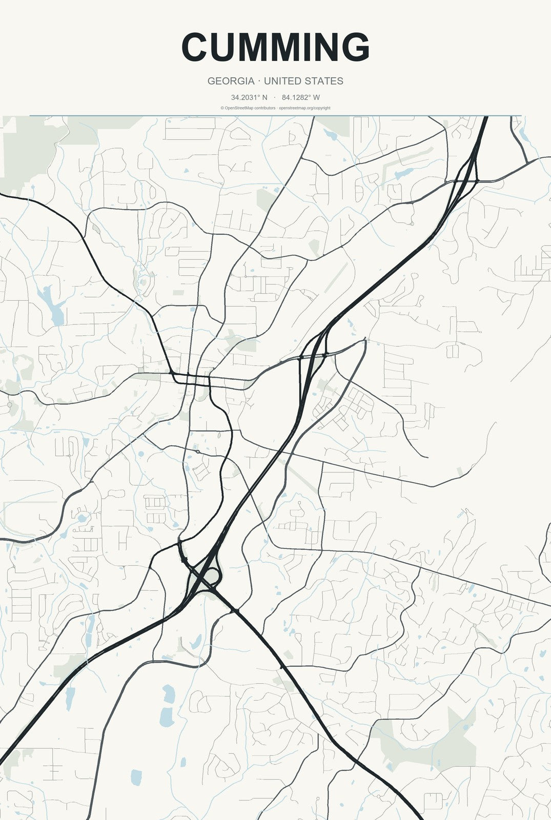 Cumming, Georgia City Map Aluminum Sign in Headline Atlas style