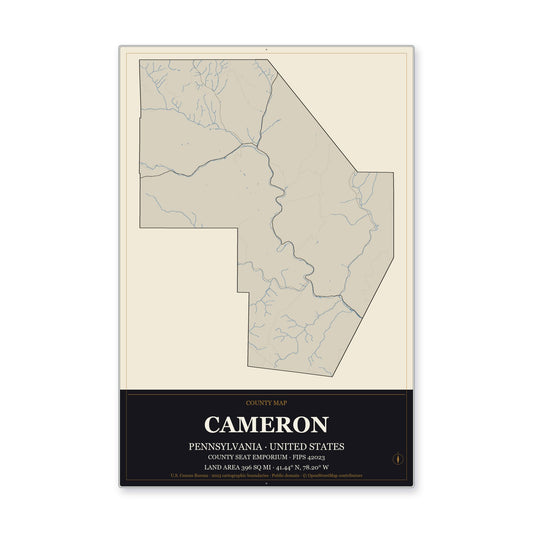 Cameron County, Pennsylvania Map Aluminum Sign in Museum Plaque style