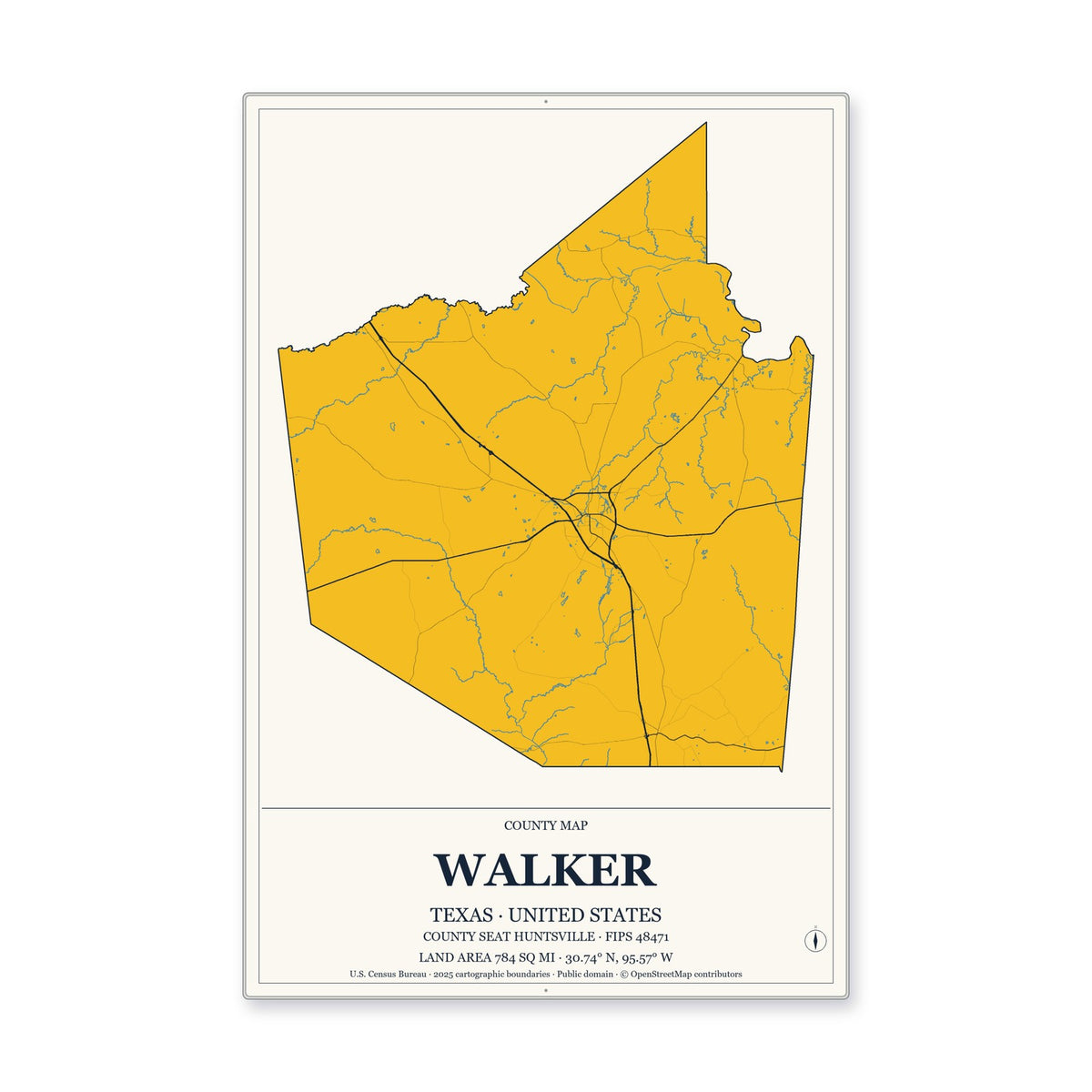 Walker County, Texas Map Aluminum Sign in Citrine Modern style
