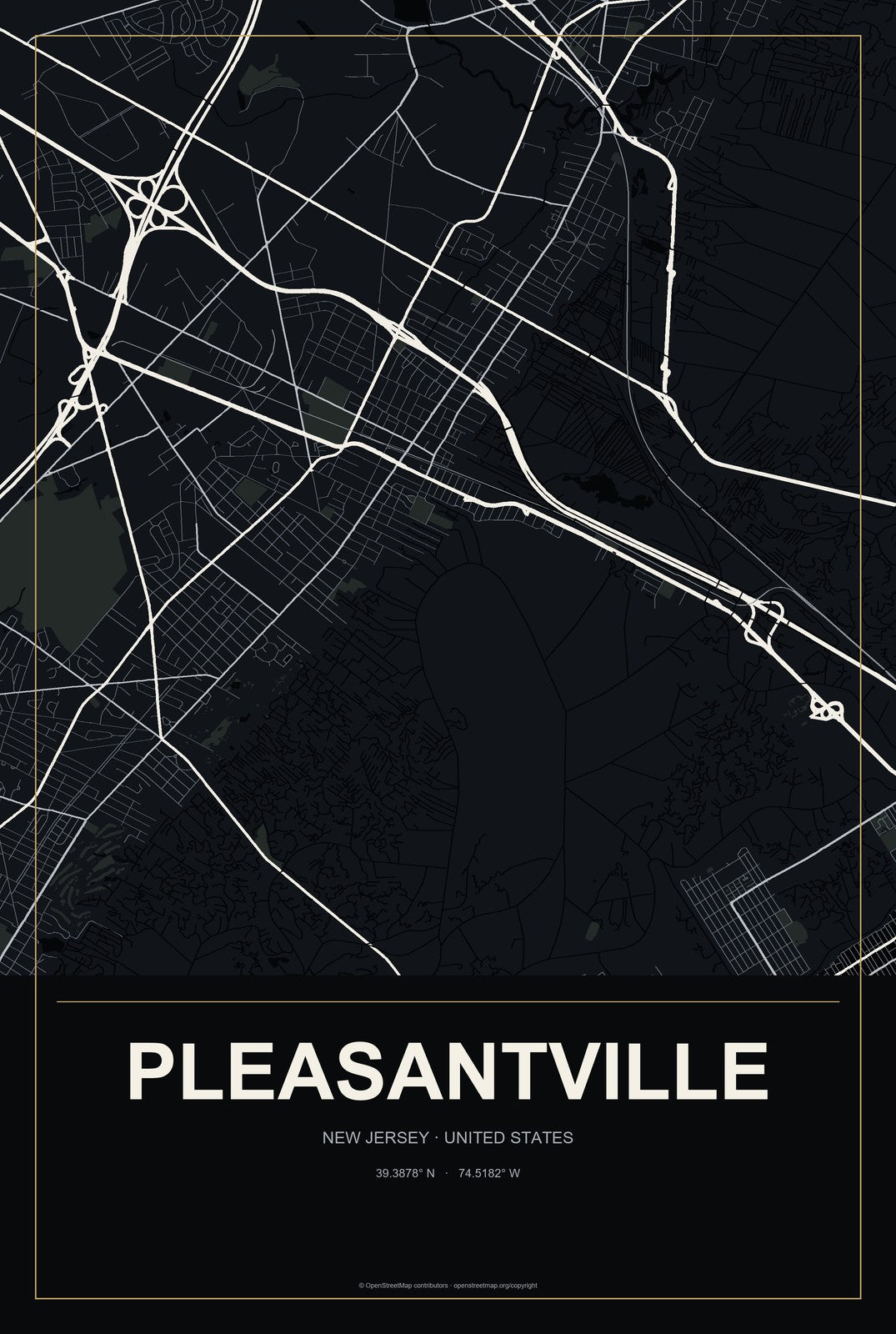 Pleasantville, New Jersey City Map Aluminum Sign in Metropolitan Noir style