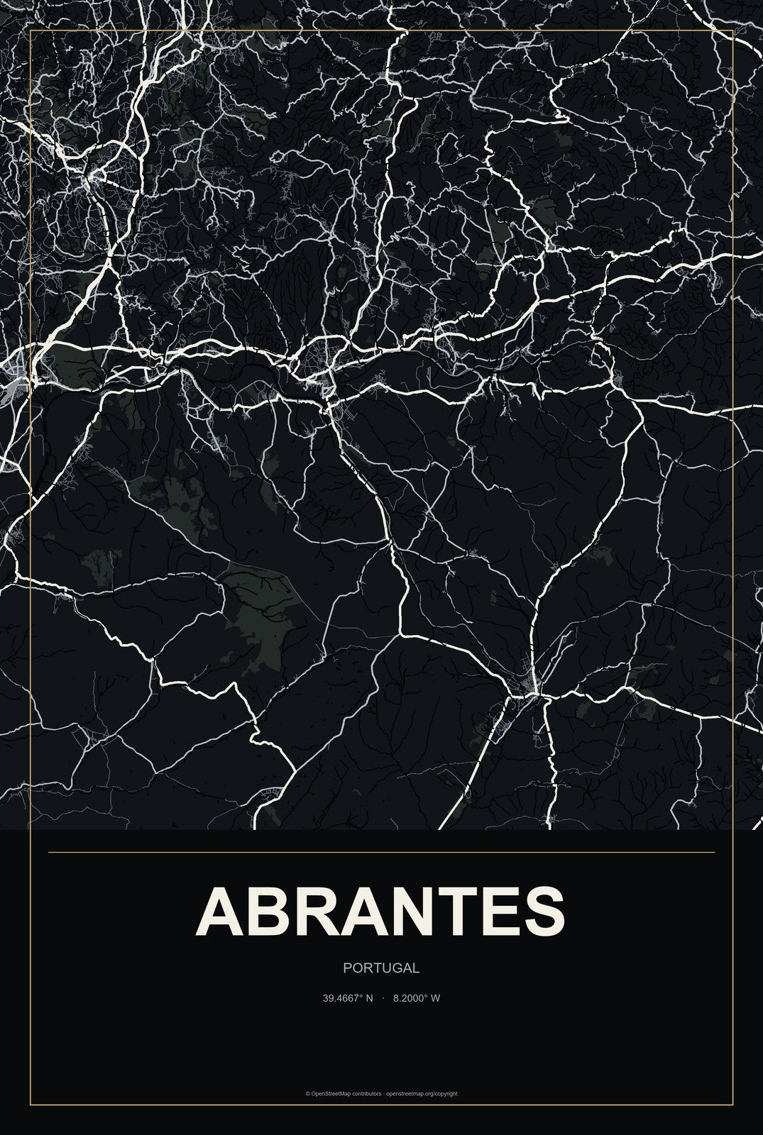 Abrantes, Portugal City Map Aluminum Sign in Metropolitan Noir style