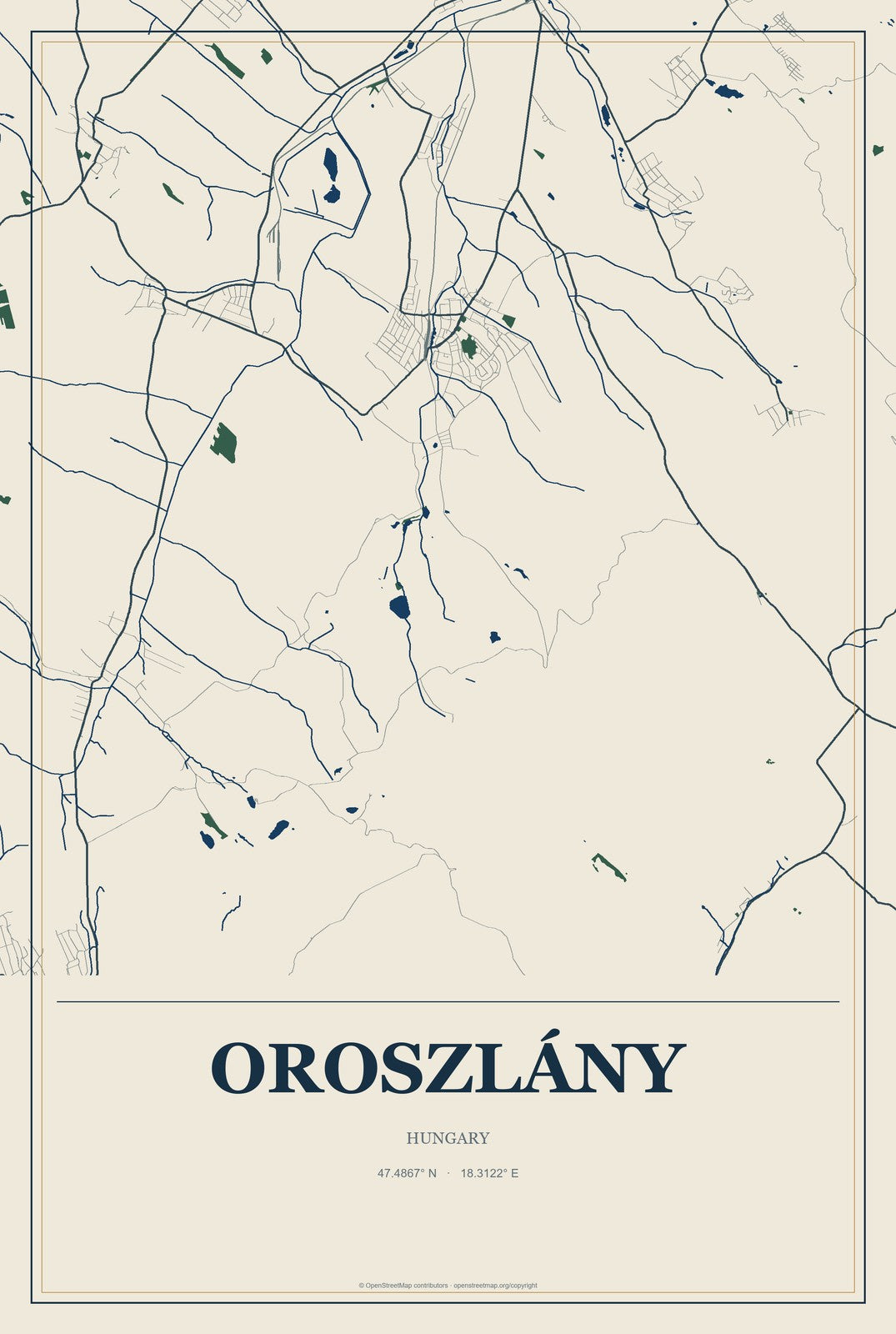 Oroszlány, Hungary City Map Aluminum Sign in Coastal Cutout style