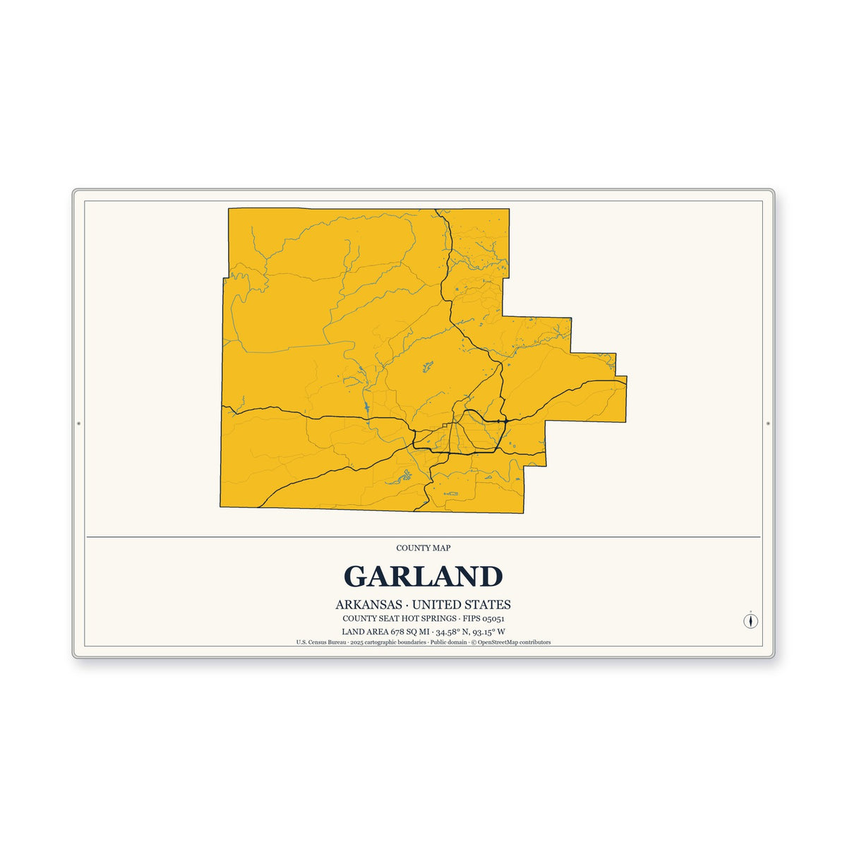 Garland County, Arkansas Map Aluminum Sign in Citrine Modern style
