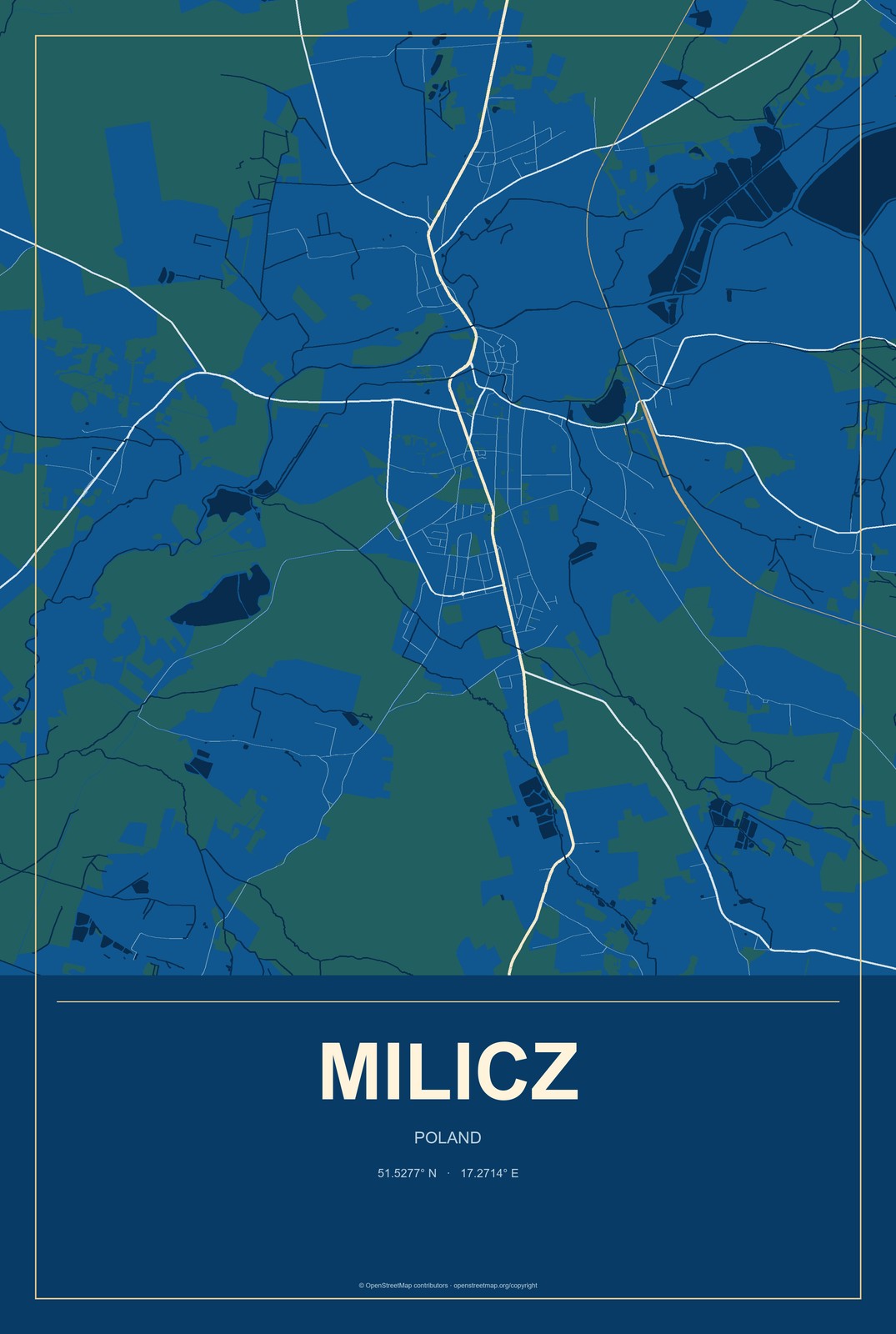 Milicz, Poland City Map Aluminum Sign in Harbor Cobalt style