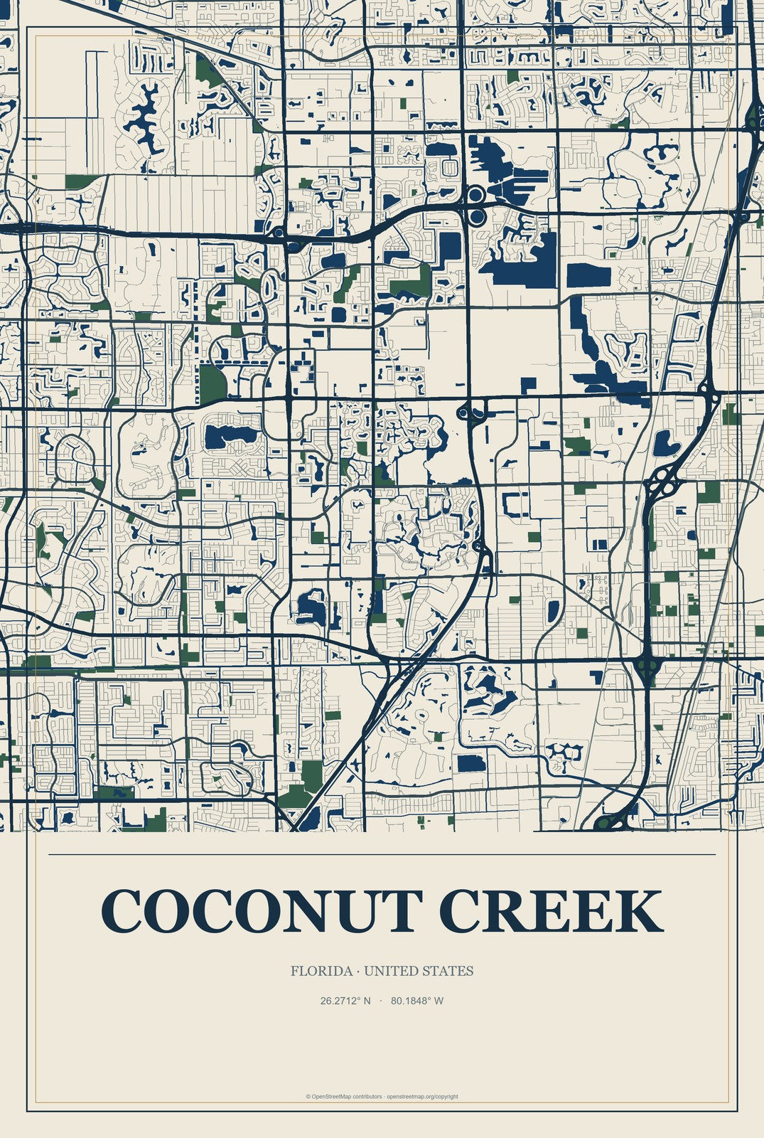 Coconut Creek, Florida City Map Aluminum Sign in Coastal Cutout style