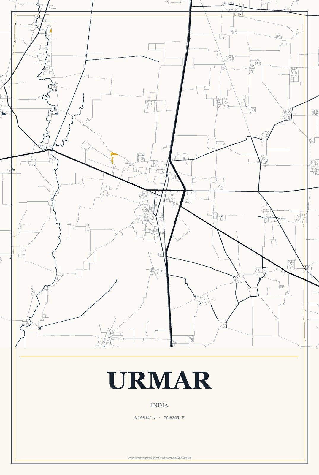 Urmar, India City Map Aluminum Sign in Citrine Modern style