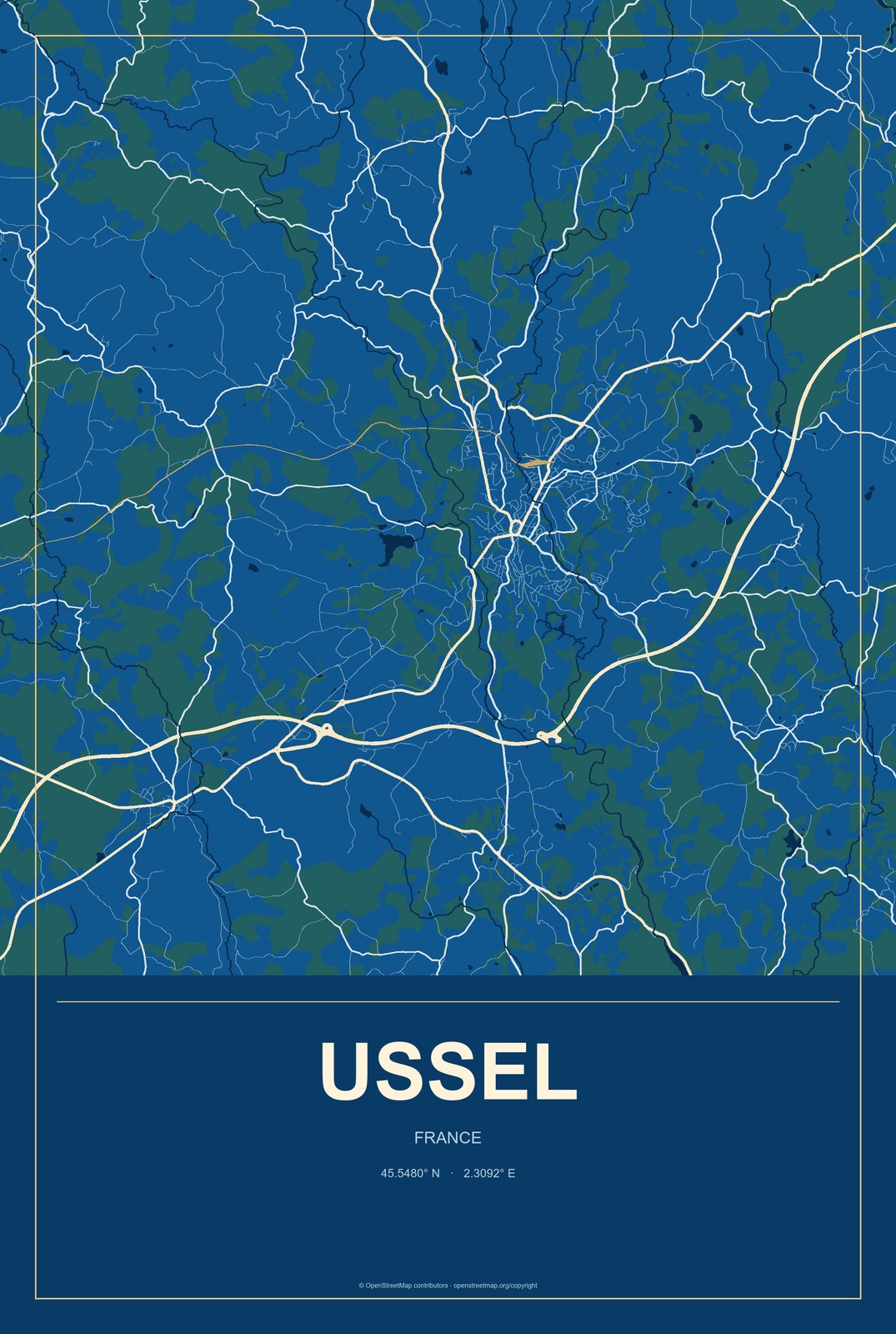 Ussel, France City Map Aluminum Sign in Harbor Cobalt style
