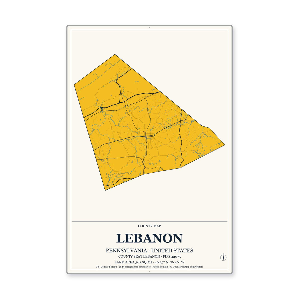 Lebanon County, Pennsylvania Map Aluminum Sign in Citrine Modern style