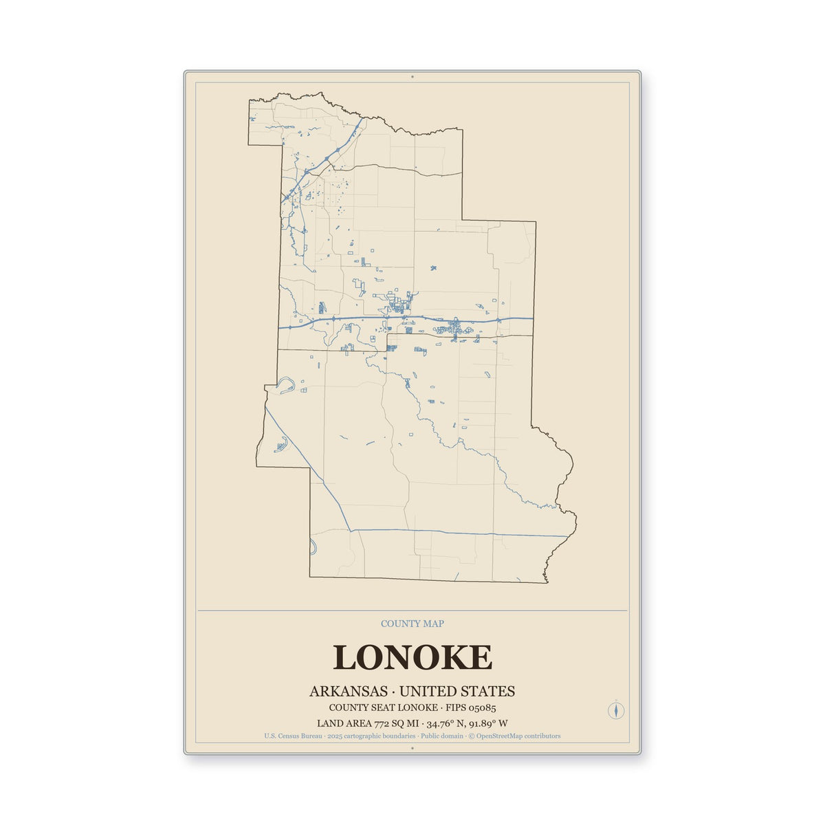 Lonoke County, Arkansas Map Aluminum Sign in Heritage Nautical style