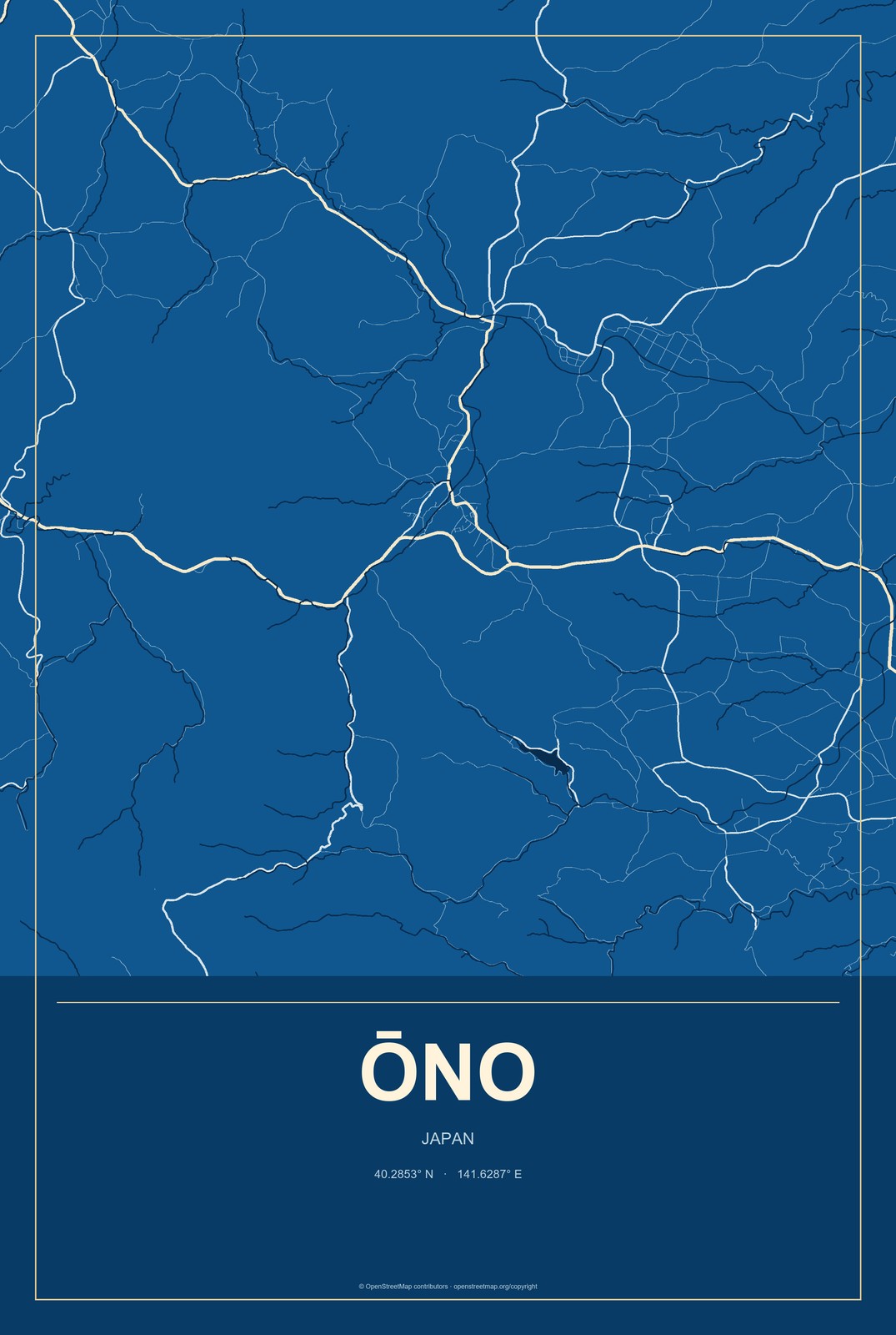 Ōno, Japan City Map Aluminum Sign in Harbor Cobalt style