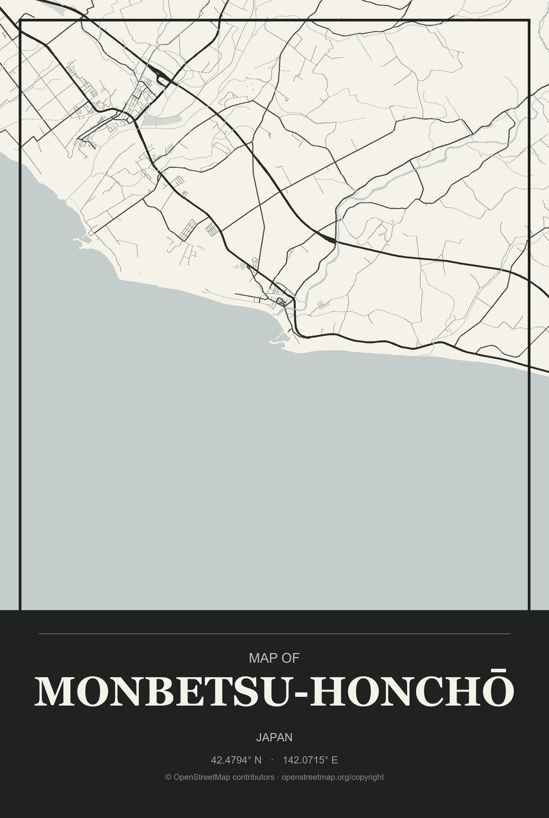 Monbetsu-honchō, Japan City Map Aluminum Sign in Museum Plaque style