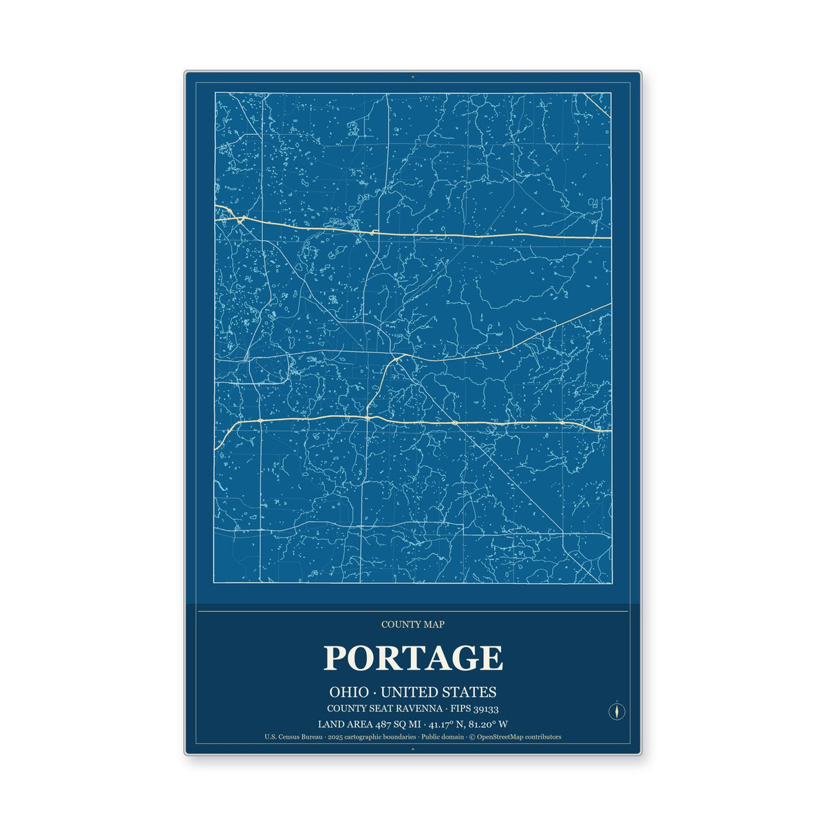 Portage County, Ohio Map Aluminum Sign in Harbor Cobalt style