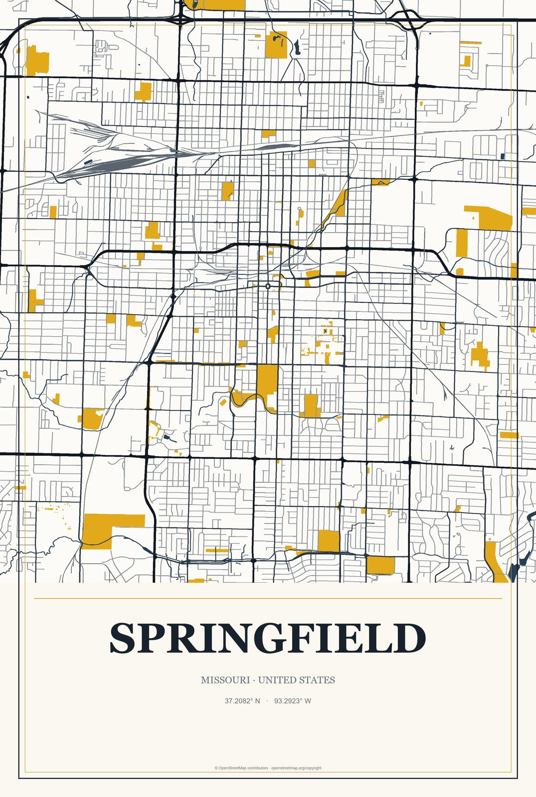 Springfield, Missouri City Map Aluminum Sign in Citrine Modern style