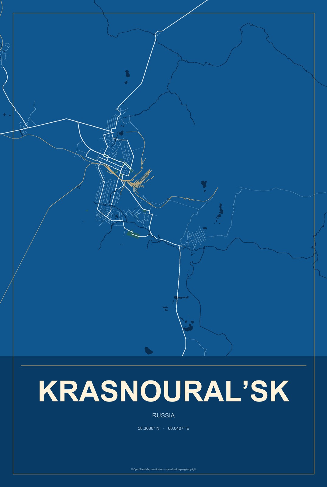 Krasnoural’sk, Russia City Map Aluminum Sign in Harbor Cobalt style