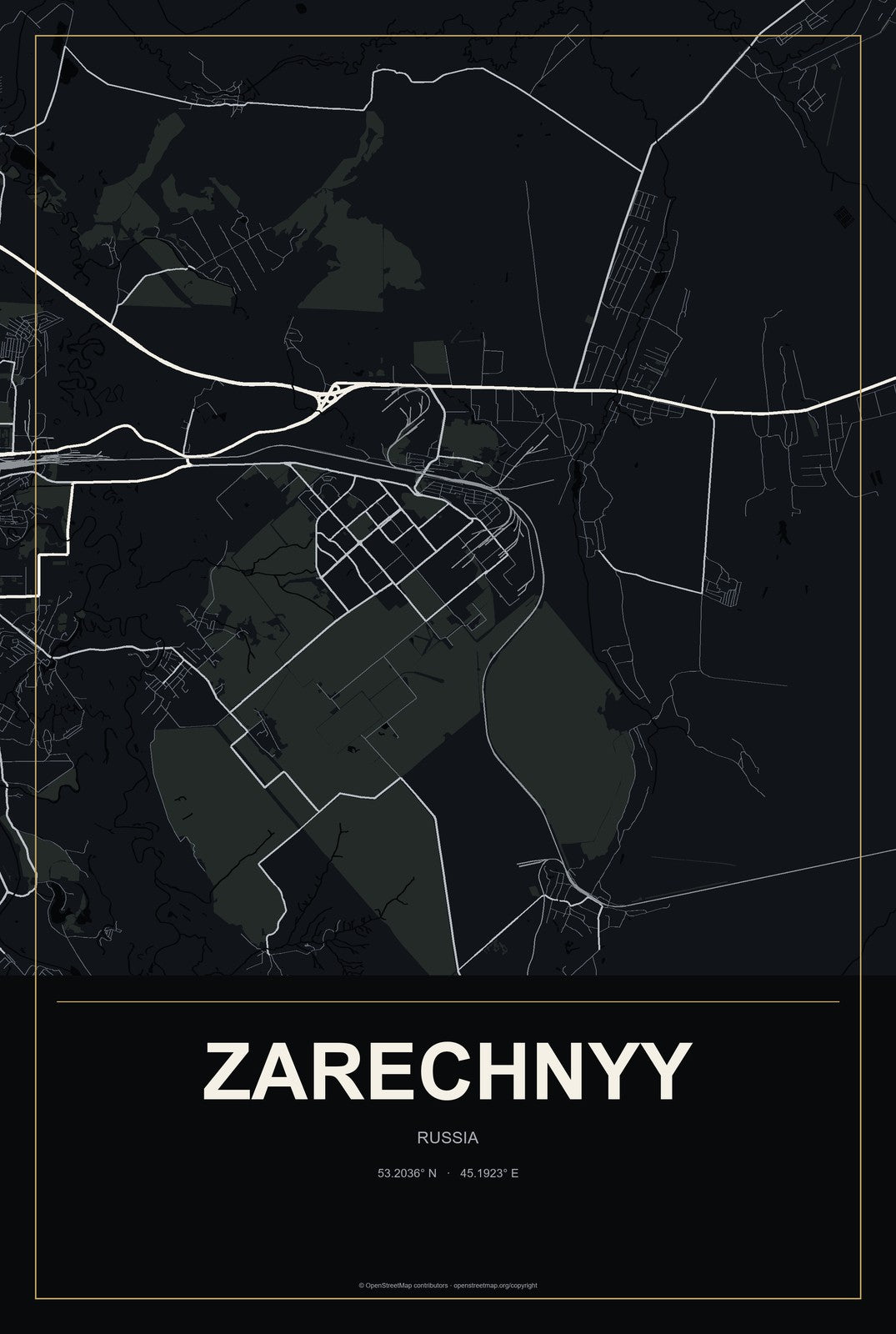 Zarechnyy, Sverdlovsk Oblast, Russia City Map Aluminum Sign in Metropolitan Noir style