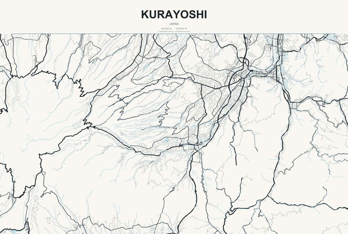 Kurayoshi, Japan City Map Aluminum Sign in Headline Atlas style