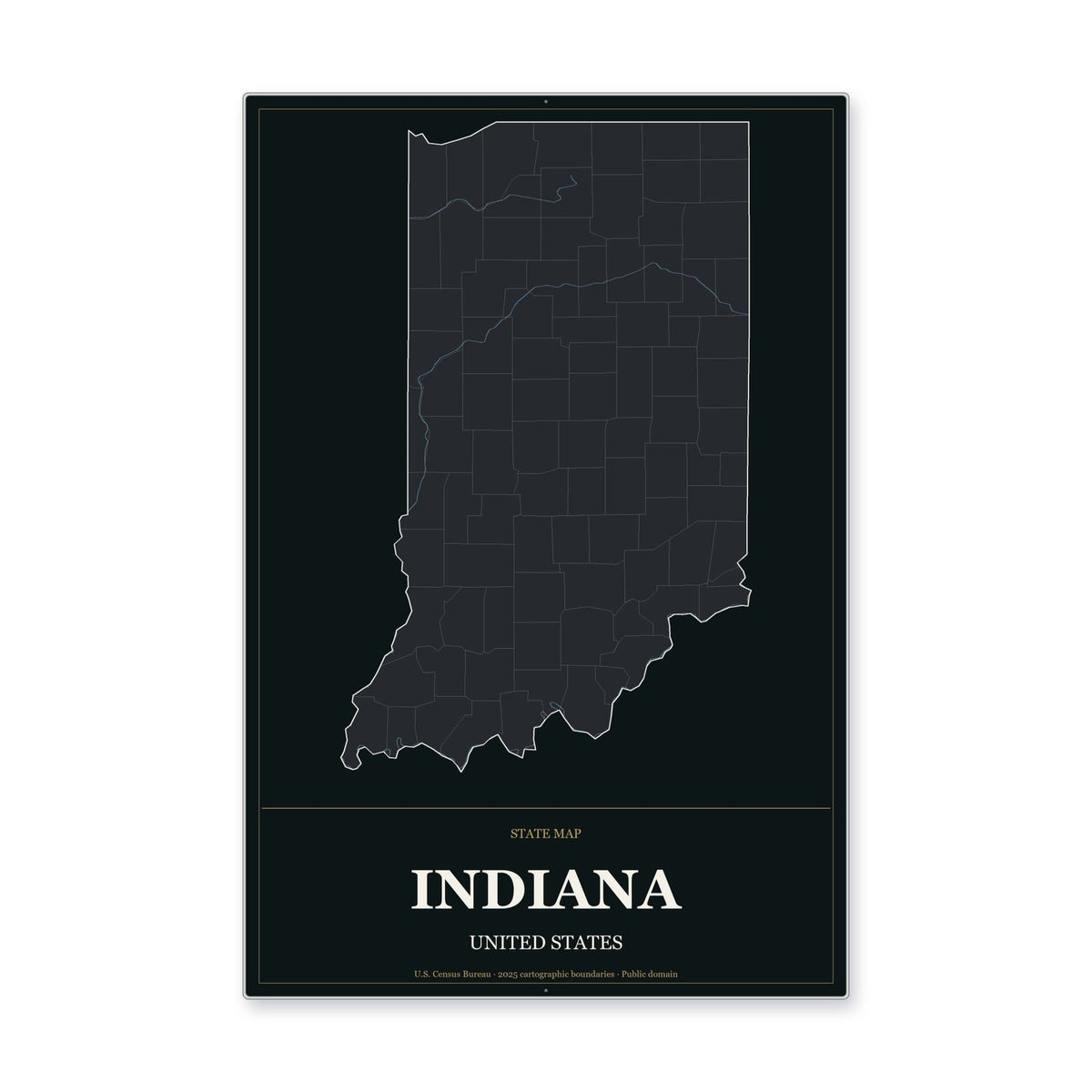 Indiana state map aluminum sign in Metropolitan Noir style