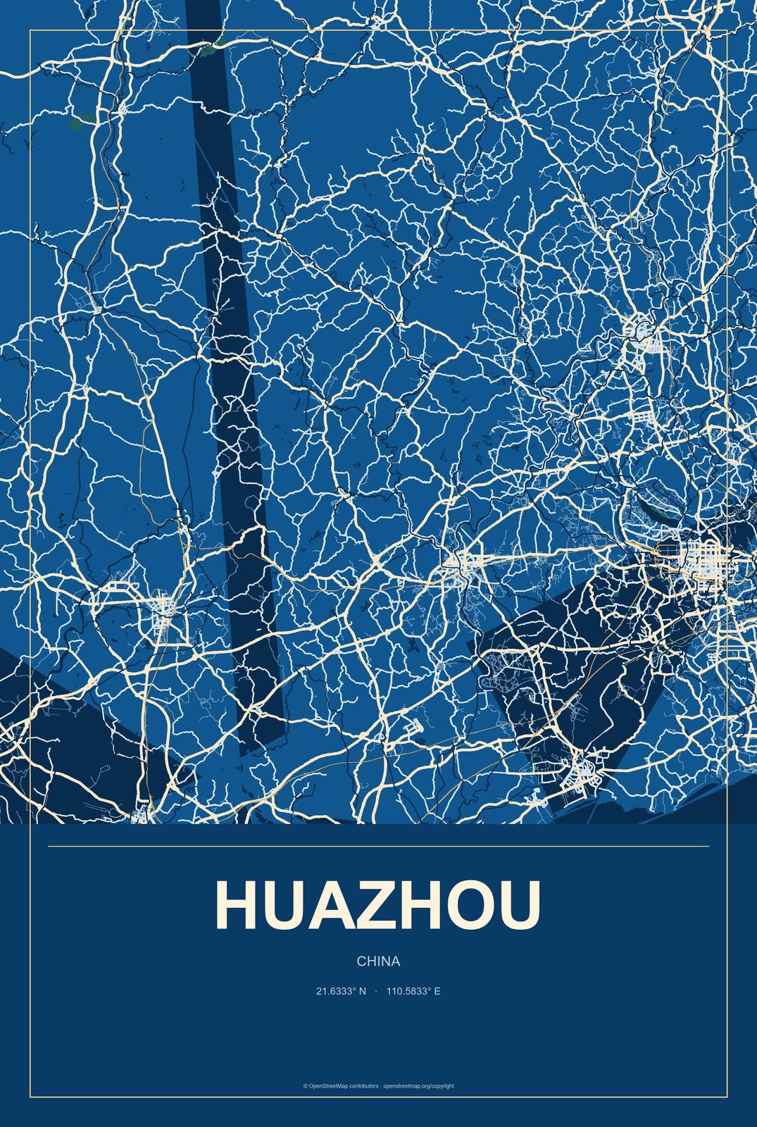 Huazhou, China City Map Aluminum Sign in Harbor Cobalt style