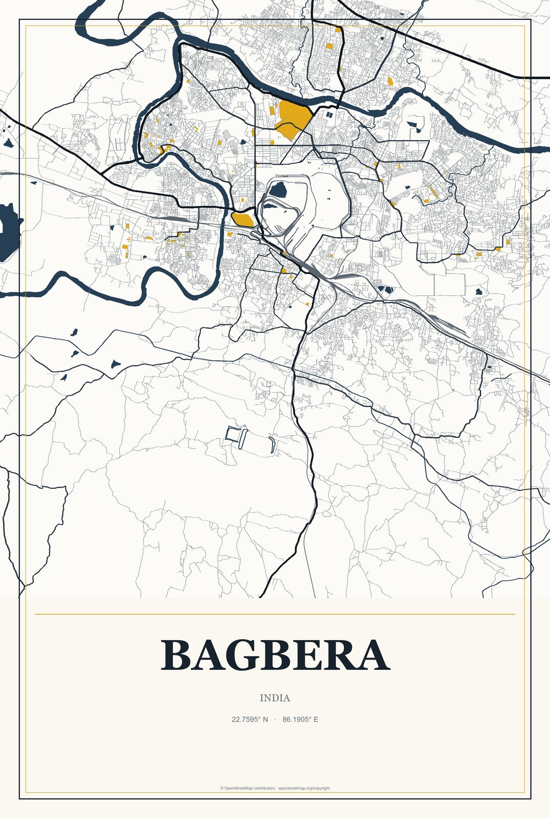 Bagbera, India City Map Aluminum Sign in Citrine Modern style
