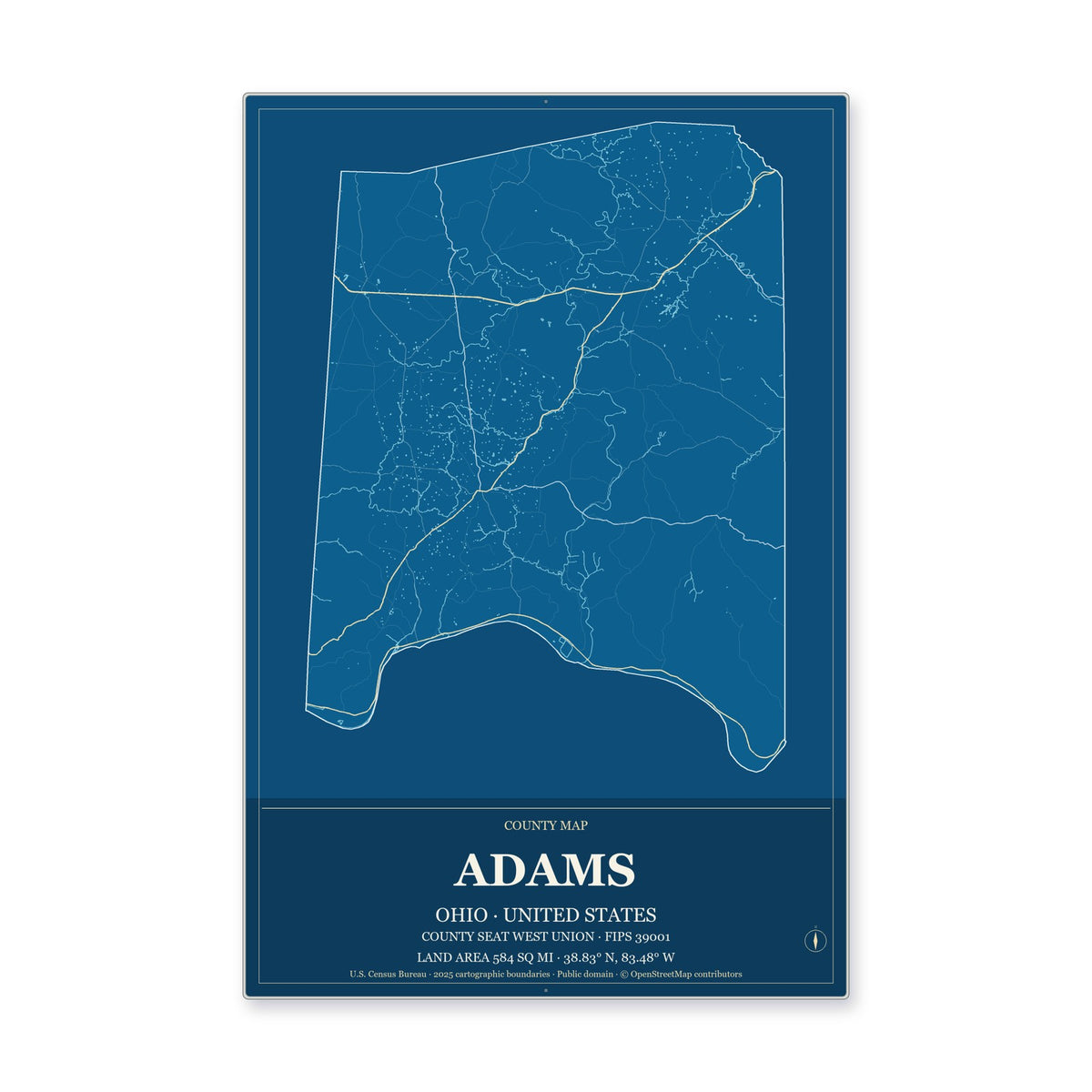 Adams County, Ohio Map Aluminum Sign in Harbor Cobalt style