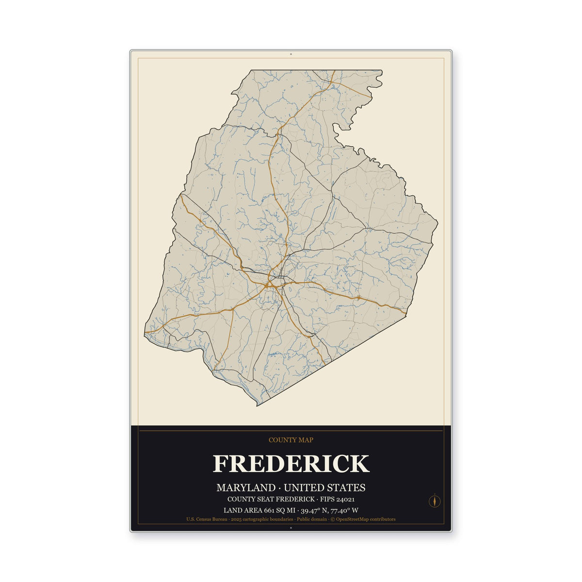 Frederick County, Maryland Map Aluminum Sign in Museum Plaque style