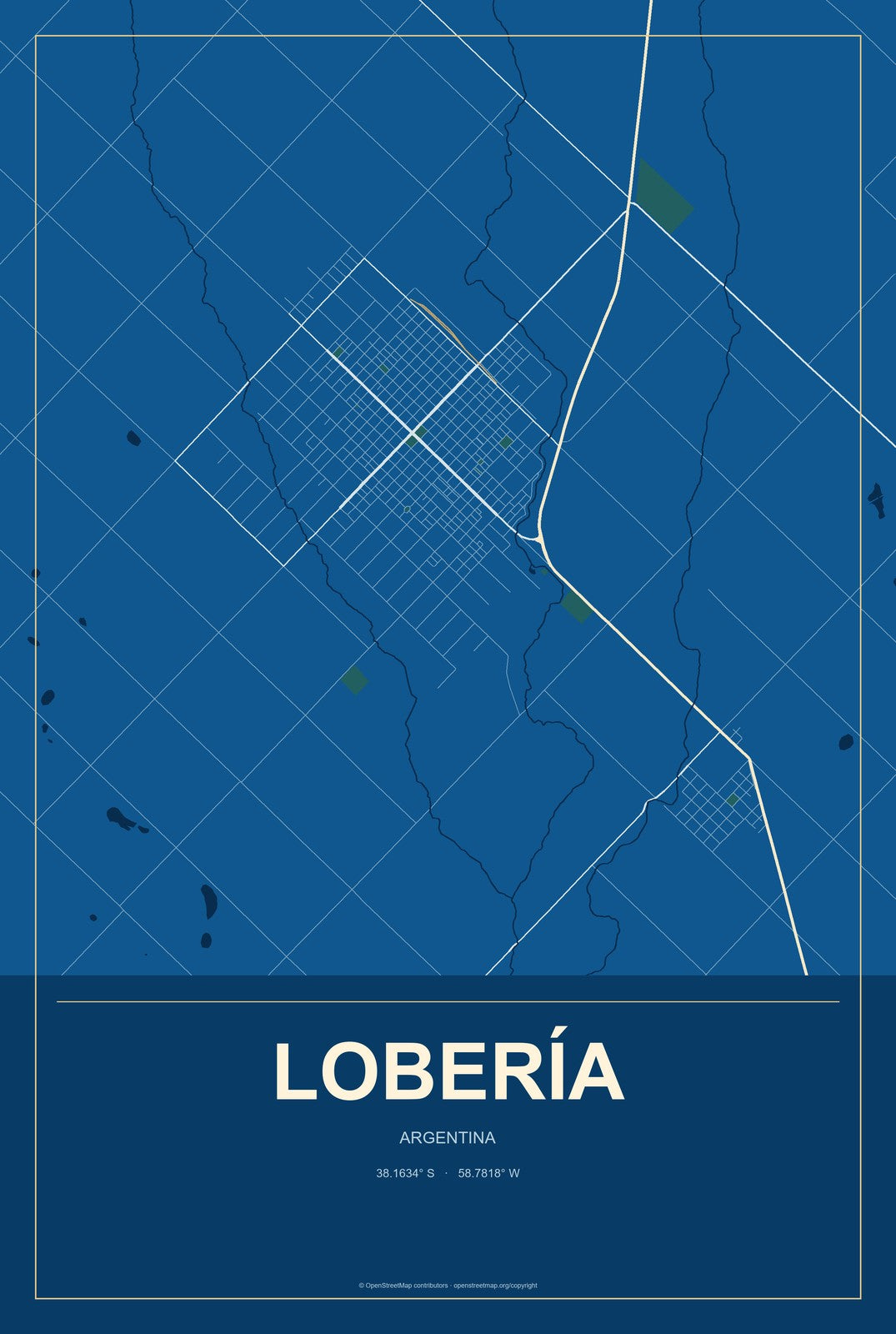 Lobería, Argentina City Map Aluminum Sign in Harbor Cobalt style