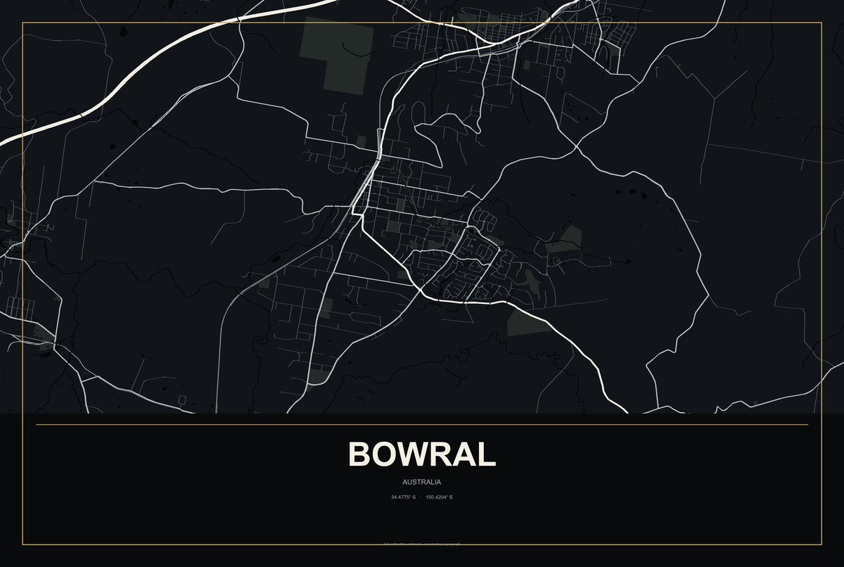 Bowral, Australia City Map Aluminum Sign in Metropolitan Noir style