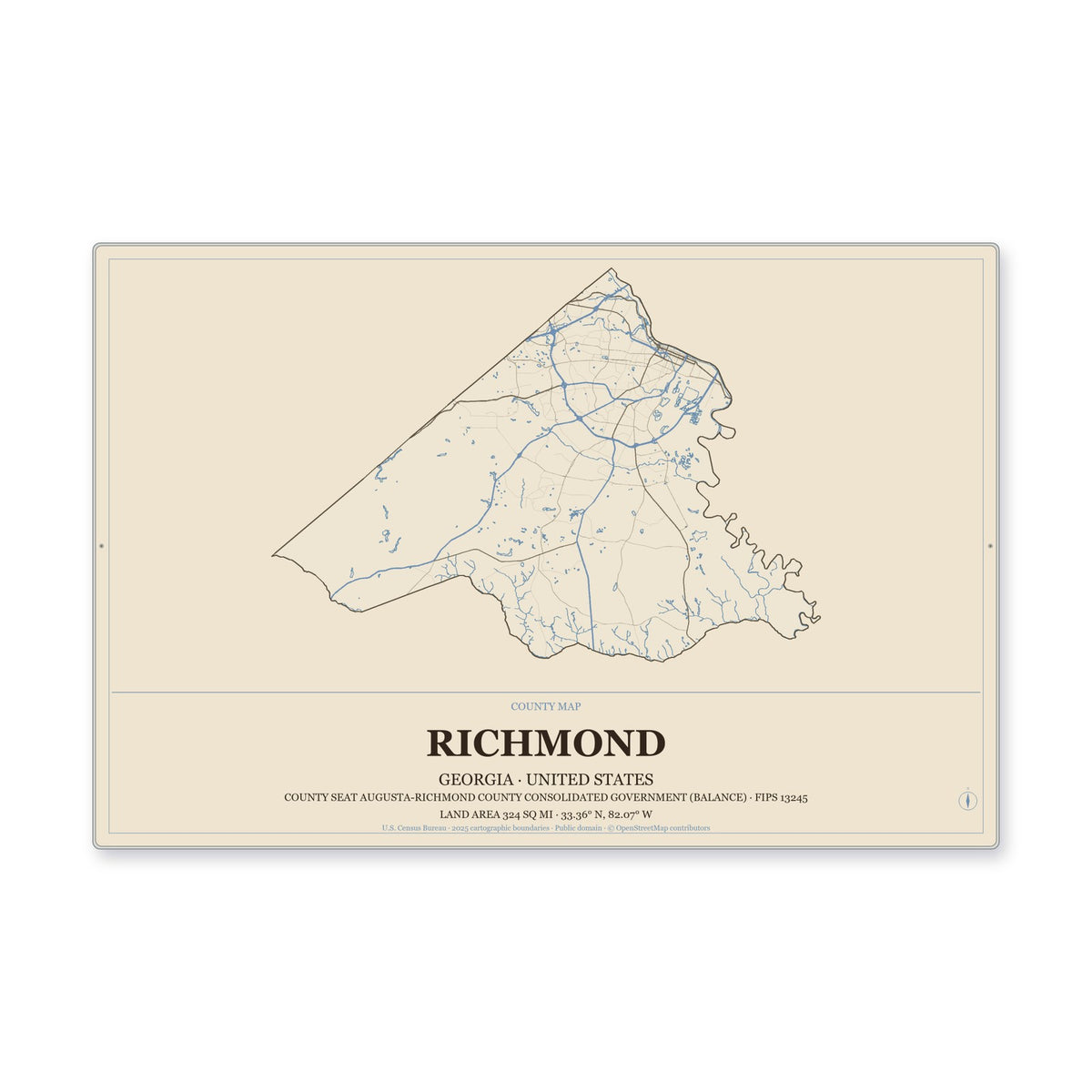 Richmond County, Georgia Map Aluminum Sign in Heritage Nautical style