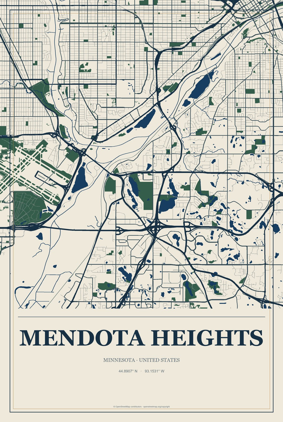 Mendota Heights, Minnesota City Map Aluminum Sign in Coastal Cutout style