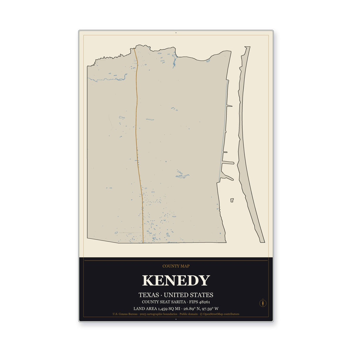Kenedy County, Texas Map Aluminum Sign in Museum Plaque style