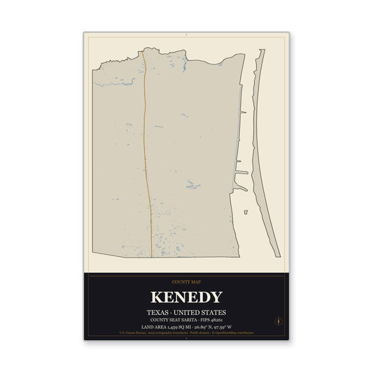 Kenedy County, Texas Map Aluminum Sign in Museum Plaque style