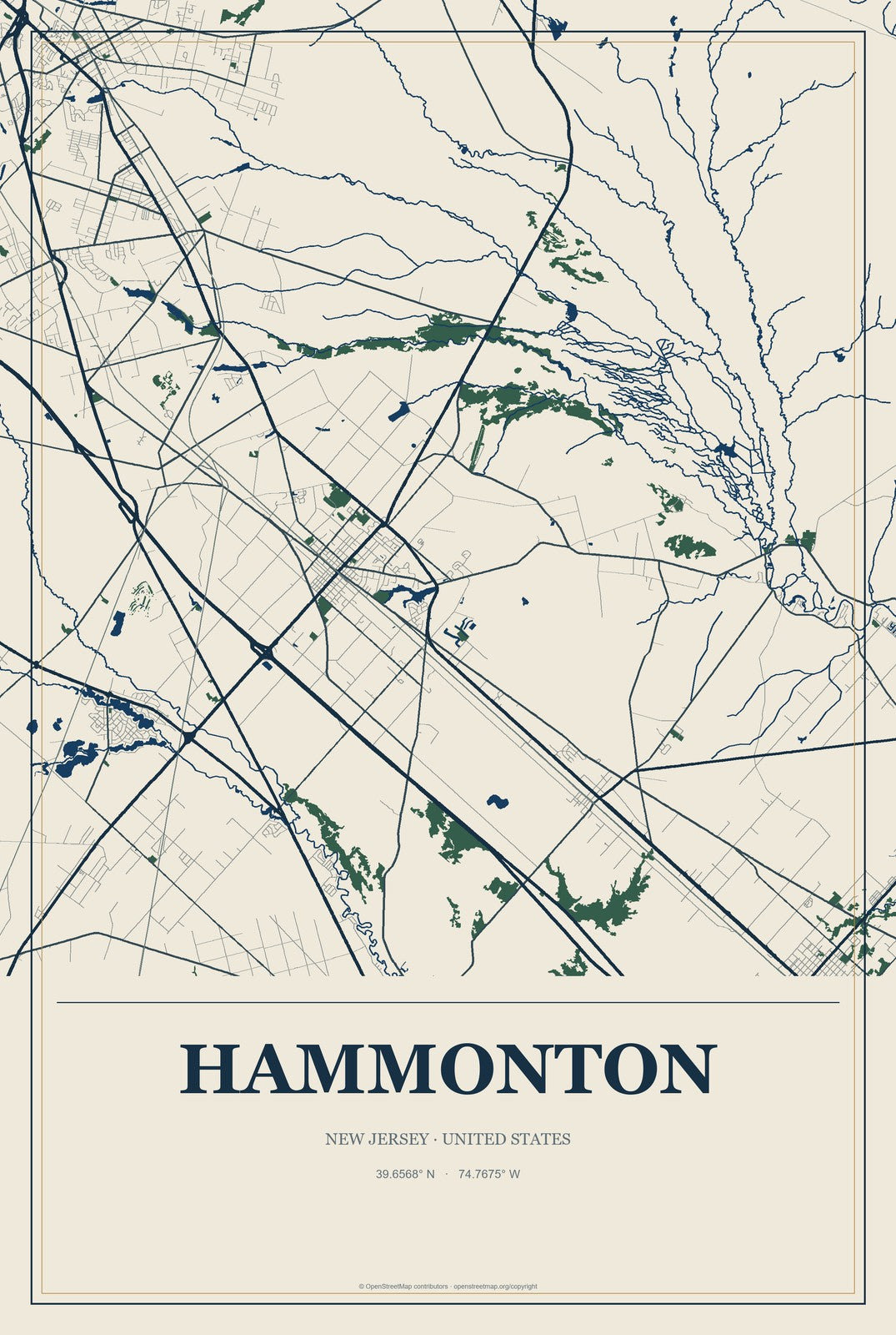 Hammonton, New Jersey City Map Aluminum Sign in Coastal Cutout style