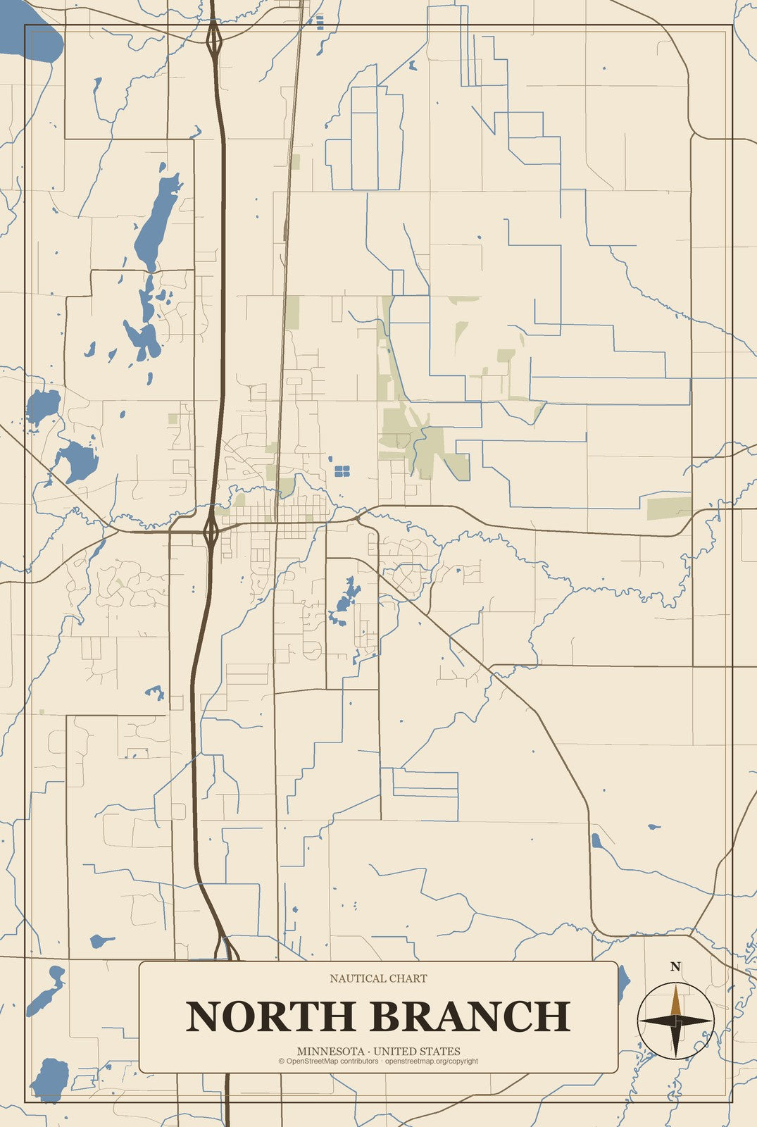 North Branch, Minnesota City Map Aluminum Sign in Heritage Nautical style