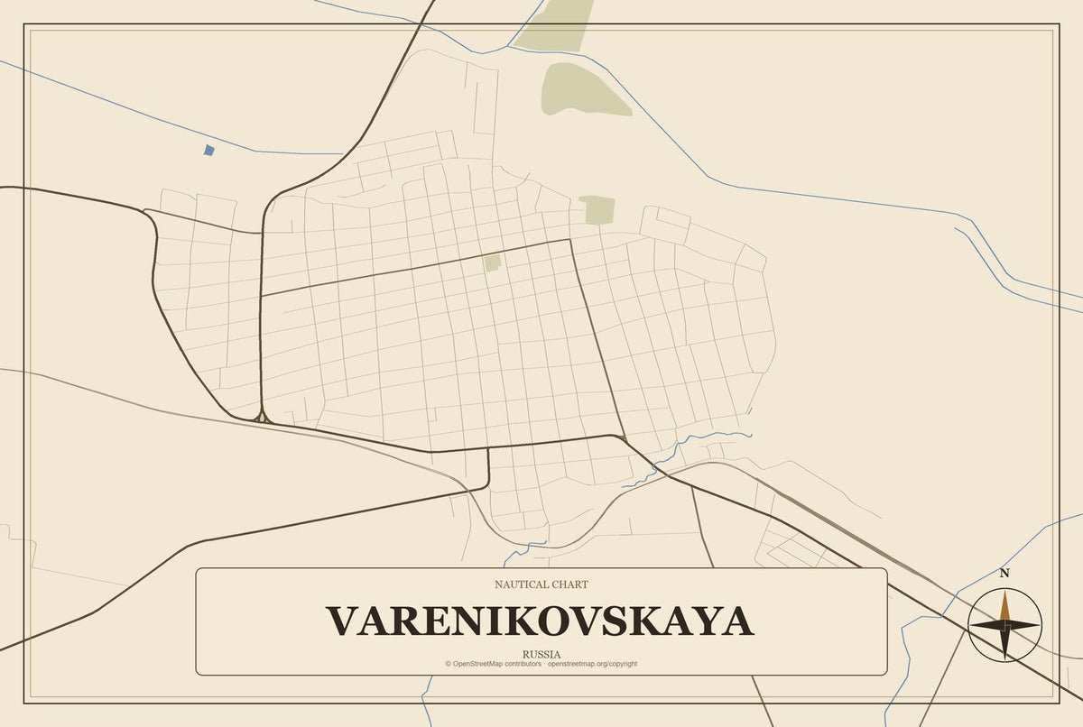 Varenikovskaya, Russia City Map Aluminum Sign in Heritage Nautical style
