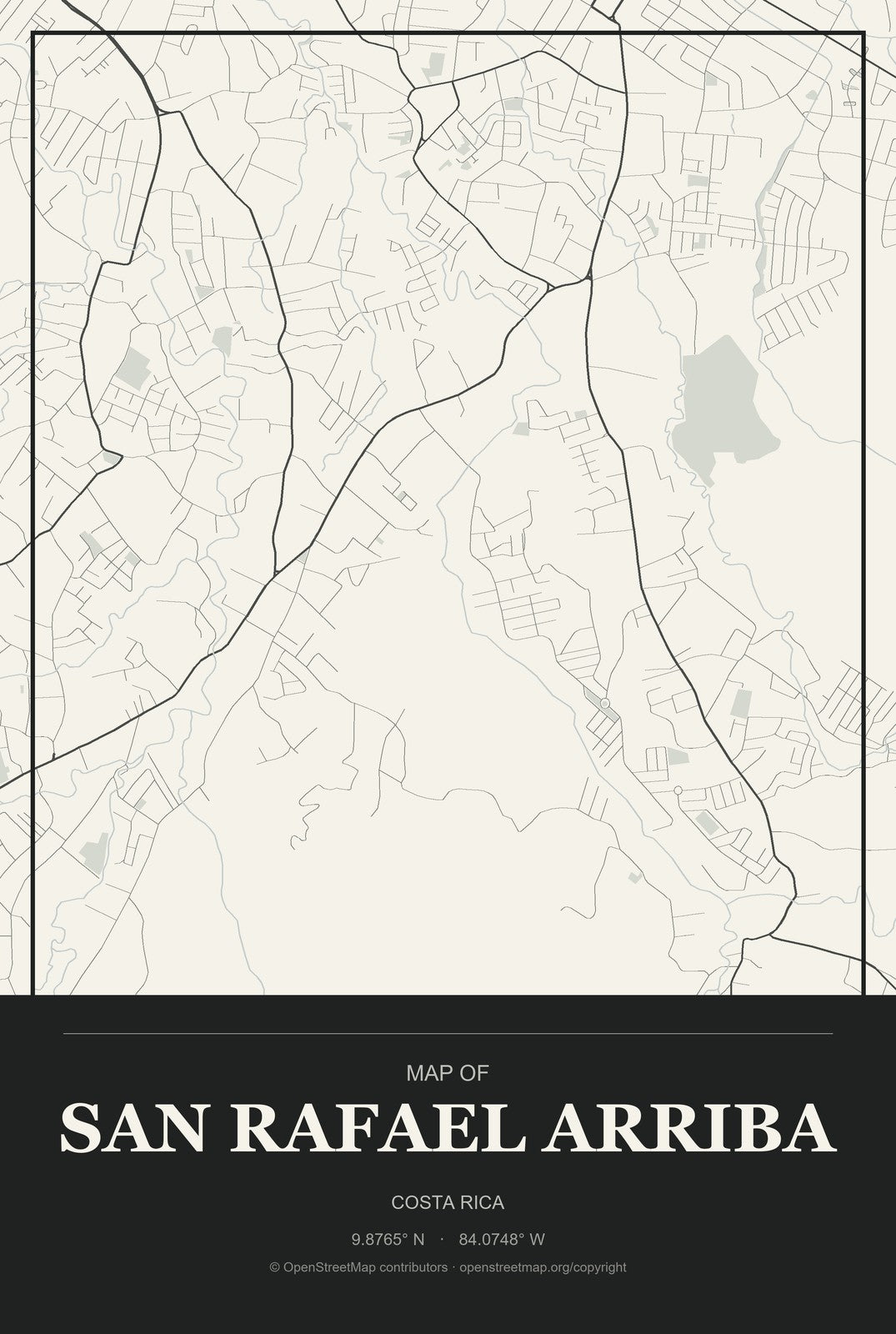 San Rafael Arriba, Costa Rica City Map Aluminum Sign in Museum Plaque style