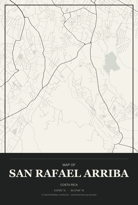 San Rafael Arriba, Costa Rica City Map Aluminum Sign in Museum Plaque style