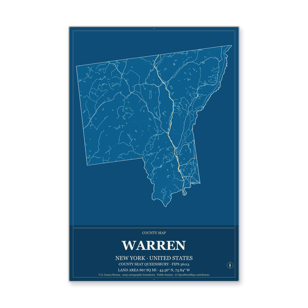 Warren County, New York Map Aluminum Sign in Harbor Cobalt style