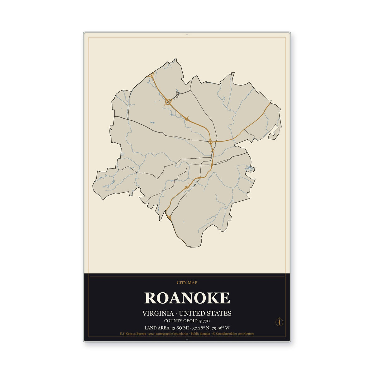 Roanoke city, Virginia Map Aluminum Sign in Museum Plaque style
