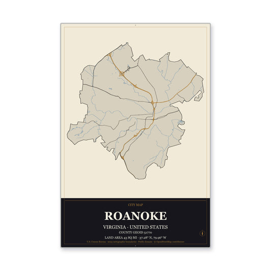 Roanoke city, Virginia Map Aluminum Sign in Museum Plaque style
