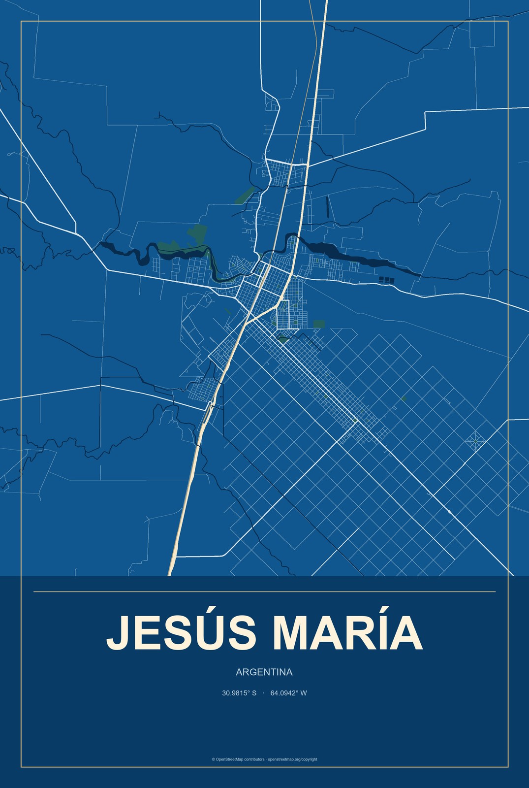 Jesús María, Argentina City Map Aluminum Sign in Harbor Cobalt style