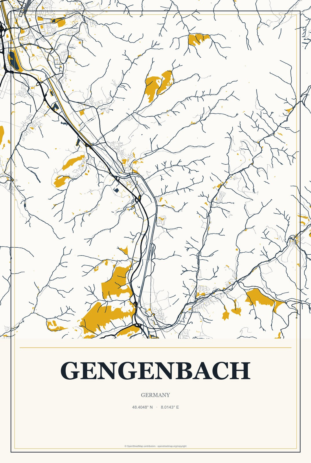 Gengenbach, Germany City Map Aluminum Sign in Citrine Modern style